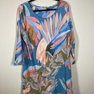 Soft Surroundings Coastal Tropical Leaf Print Tunic Top Blue Pink Stretch Large!